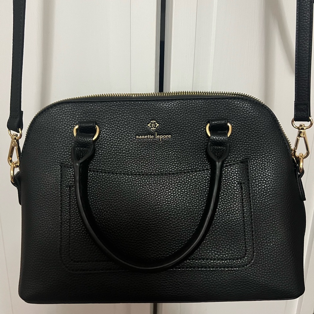 Nanette Lepore Black Pebbled Leather Satchel with Gold Hardware